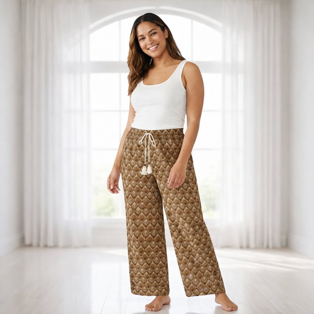 C&C California Linen Pants Large Rust Geometric Wide Leg Tassel Drawstring Boho